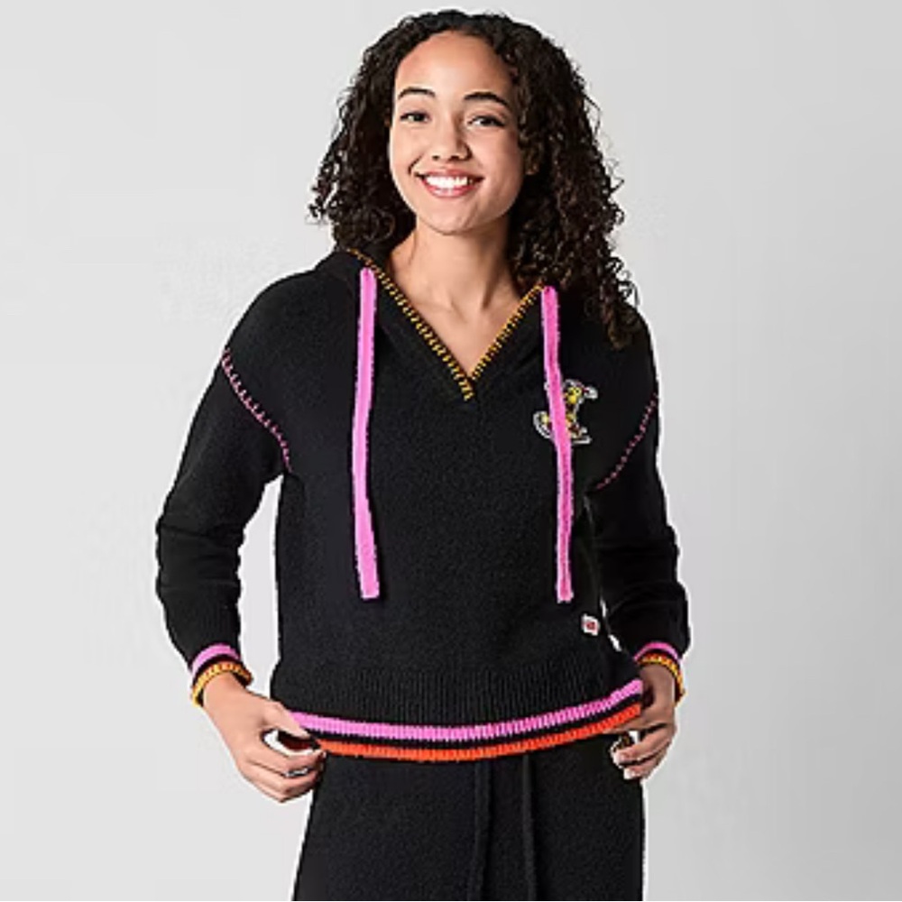 HARIBO Black Fuzzy Sweater Like Hoodie Bright Contrasting Trim &Gummy Bear S NWT